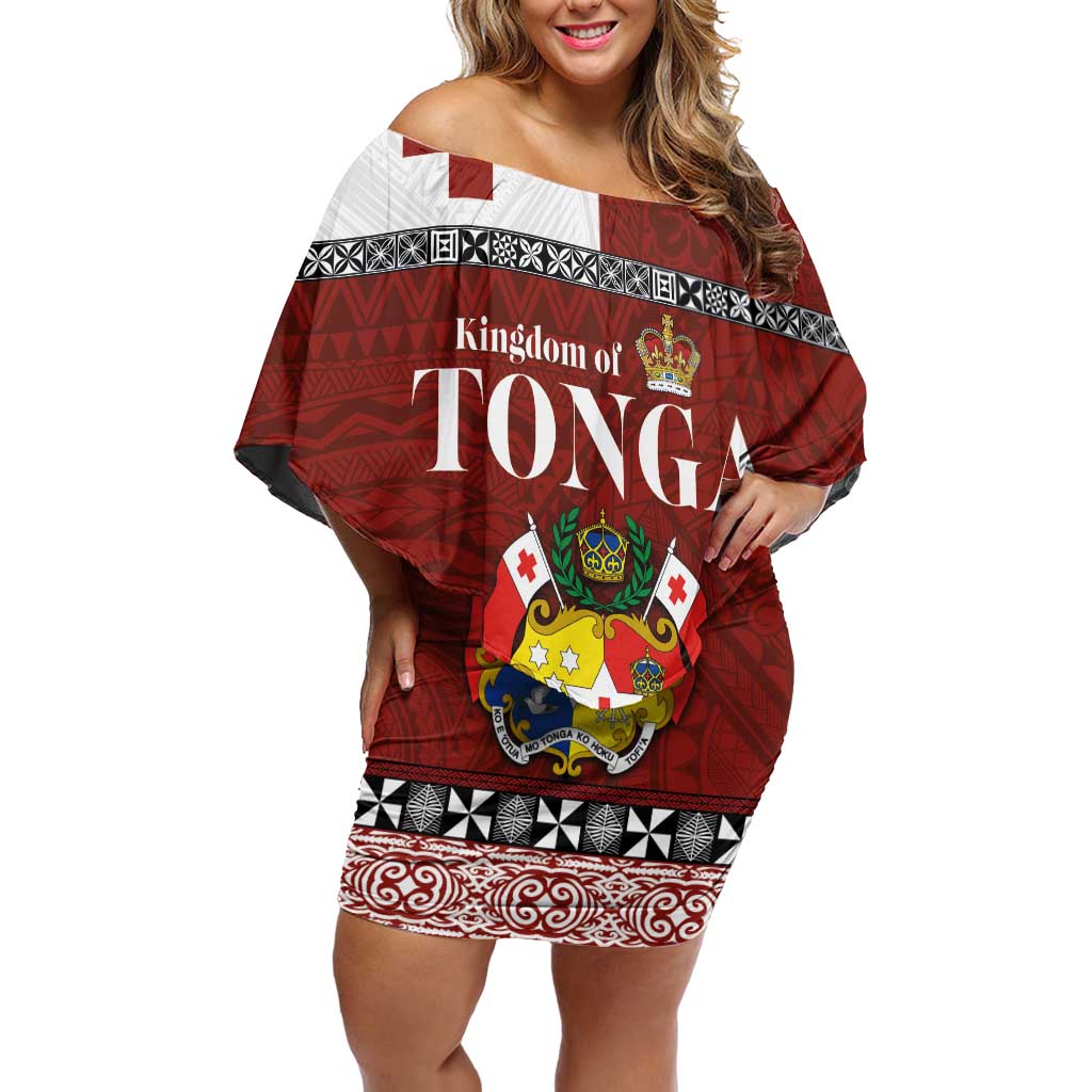Tongan Culture Off Shoulder Short Dress Ngatu Art Tattoo and Emblem of Tonga LT03 Women Red - Polynesian Pride