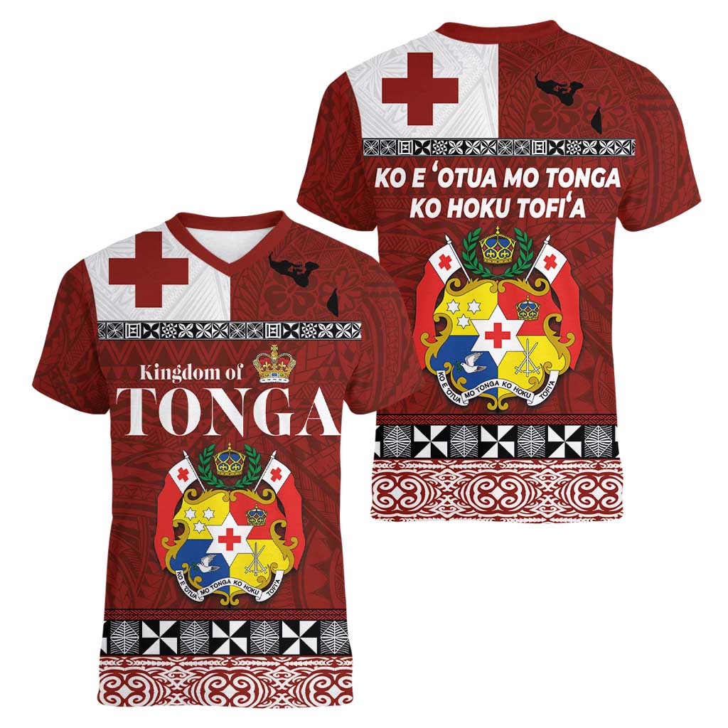 Tongan Culture Women V-Neck T-Shirt Ngatu Art Tattoo and Emblem of Tonga LT03 - Polynesian Pride