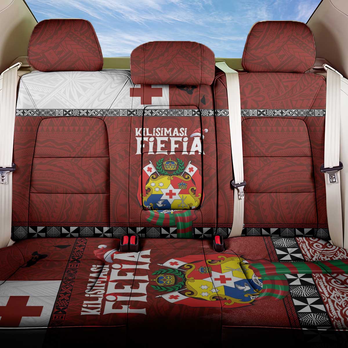 Tongan Christmas Back Car Seat Cover Kilisimasi Fiefia with Ngatu Art Tattoo LT03 One Size Red - Polynesian Pride
