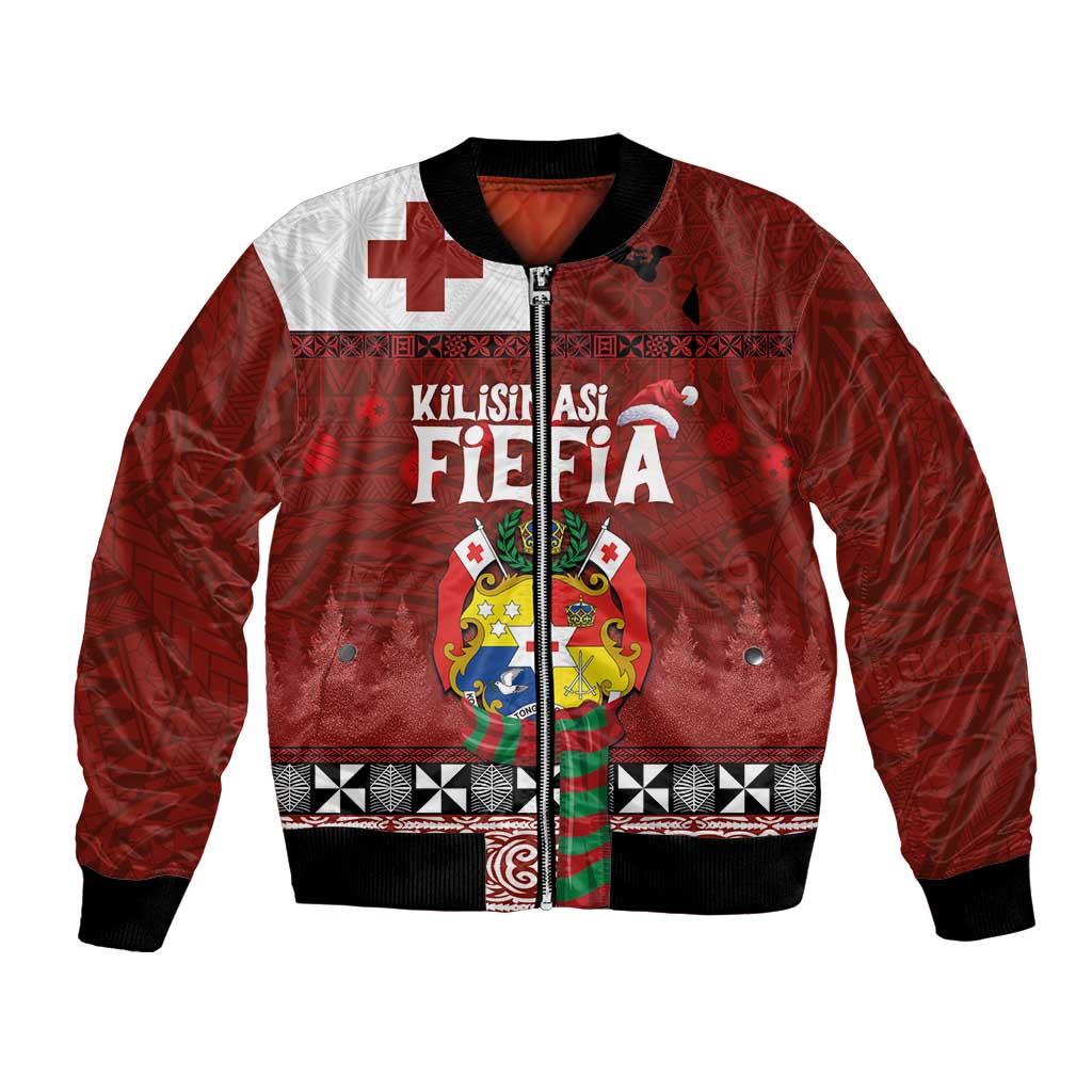 Tongan Christmas Bomber Jacket Kilisimasi Fiefia with Ngatu Art Tattoo LT03 Unisex Red - Polynesian Pride