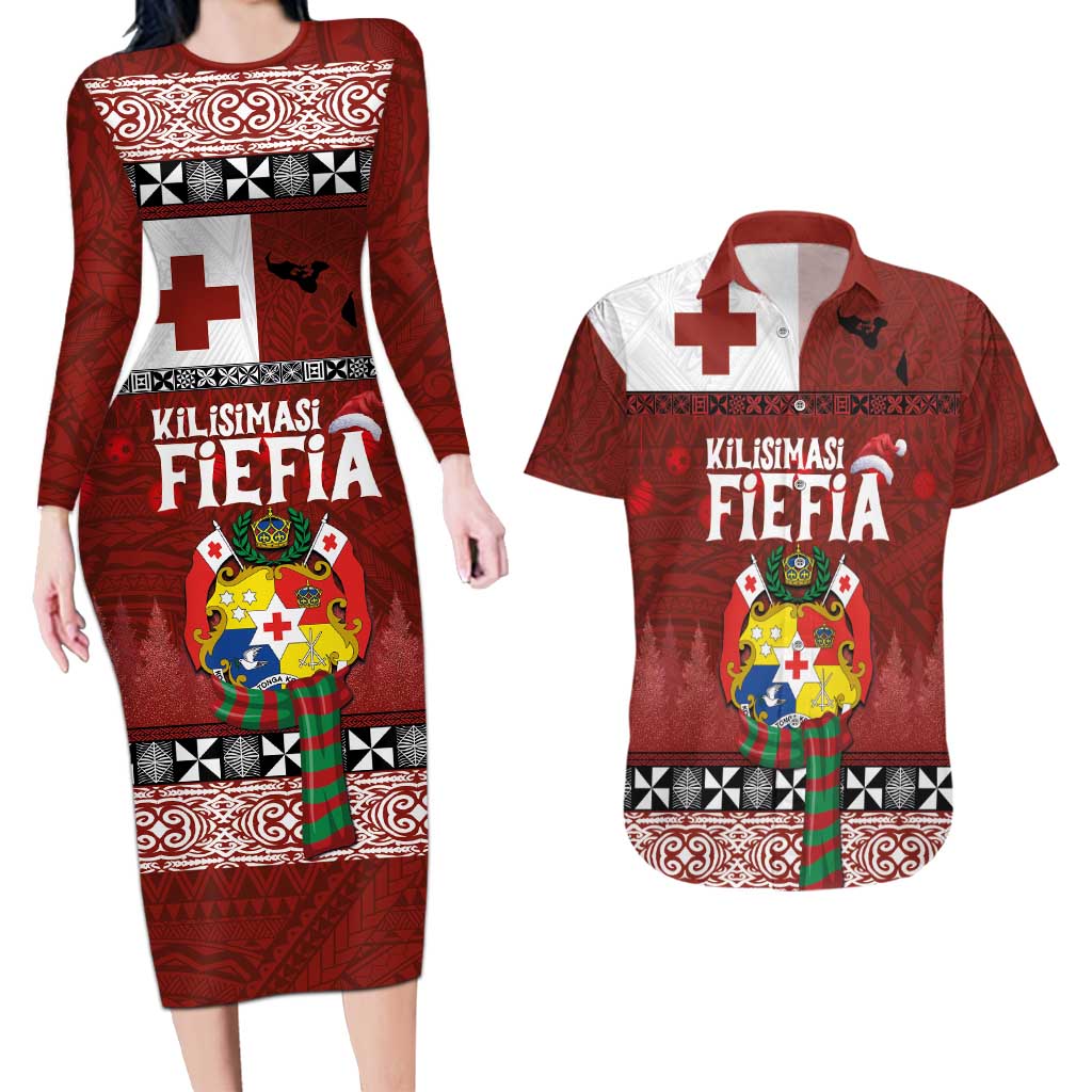 Tongan Christmas Couples Matching Long Sleeve Bodycon Dress and Hawaiian Shirt Kilisimasi Fiefia with Ngatu Art Tattoo LT03 Red - Polynesian Pride