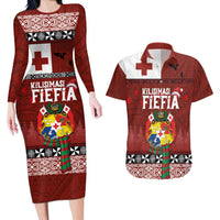 Tongan Christmas Couples Matching Long Sleeve Bodycon Dress and Hawaiian Shirt Kilisimasi Fiefia with Ngatu Art Tattoo LT03 Red - Polynesian Pride