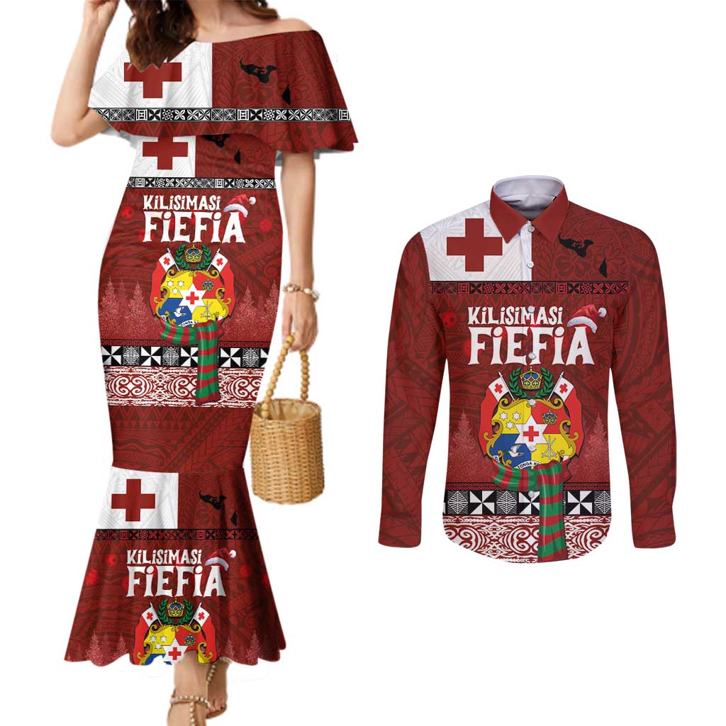 Tongan Christmas Couples Matching Mermaid Dress and Long Sleeve Button Shirt Kilisimasi Fiefia with Ngatu Art Tattoo LT03 Red - Polynesian Pride