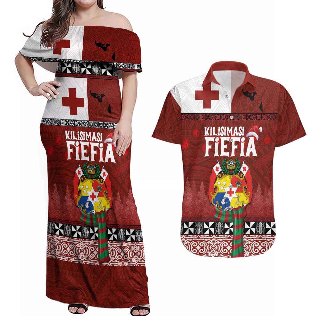 Tongan Christmas Couples Matching Off Shoulder Maxi Dress and Hawaiian Shirt Kilisimasi Fiefia with Ngatu Art Tattoo LT03 Red - Polynesian Pride