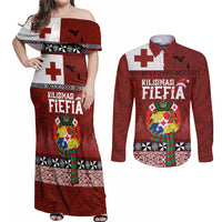 Tongan Christmas Couples Matching Off Shoulder Maxi Dress and Long Sleeve Button Shirt Kilisimasi Fiefia with Ngatu Art Tattoo LT03 Red - Polynesian Pride