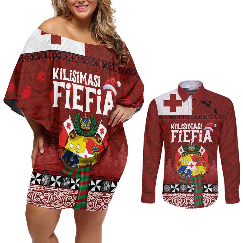 Tongan Christmas Couples Matching Off Shoulder Short Dress and Long Sleeve Button Shirt Kilisimasi Fiefia with Ngatu Art Tattoo LT03 Red - Polynesian Pride