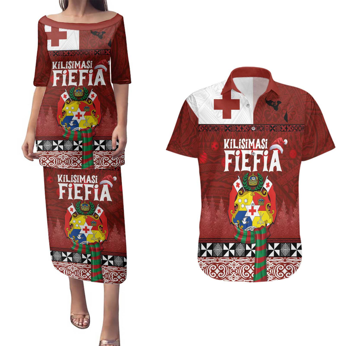 Tongan Christmas Couples Matching Puletasi and Hawaiian Shirt Kilisimasi Fiefia with Ngatu Art Tattoo LT03 Red - Polynesian Pride