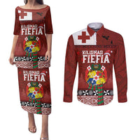 Tongan Christmas Couples Matching Puletasi and Long Sleeve Button Shirt Kilisimasi Fiefia with Ngatu Art Tattoo LT03 Red - Polynesian Pride