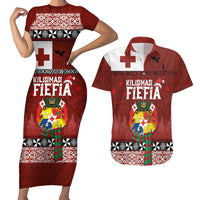 Tongan Christmas Couples Matching Short Sleeve Bodycon Dress and Hawaiian Shirt Kilisimasi Fiefia with Ngatu Art Tattoo LT03 Red - Polynesian Pride