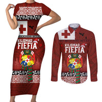 Tongan Christmas Couples Matching Short Sleeve Bodycon Dress and Long Sleeve Button Shirt Kilisimasi Fiefia with Ngatu Art Tattoo LT03 Red - Polynesian Pride