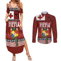 Tongan Christmas Couples Matching Summer Maxi Dress and Long Sleeve Button Shirt Kilisimasi Fiefia with Ngatu Art Tattoo LT03 Red - Polynesian Pride