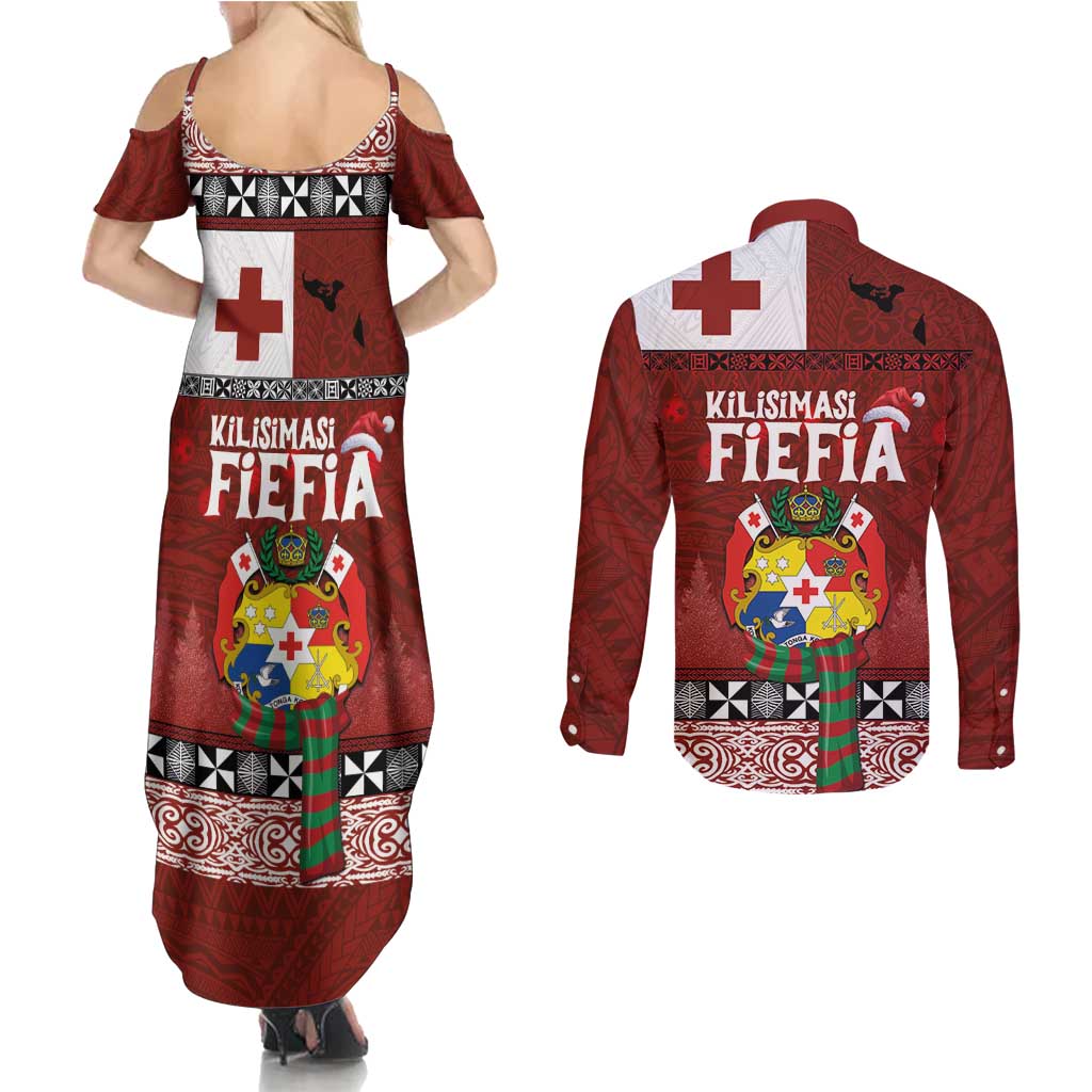 Tongan Christmas Couples Matching Summer Maxi Dress and Long Sleeve Button Shirt Kilisimasi Fiefia with Ngatu Art Tattoo LT03 - Polynesian Pride