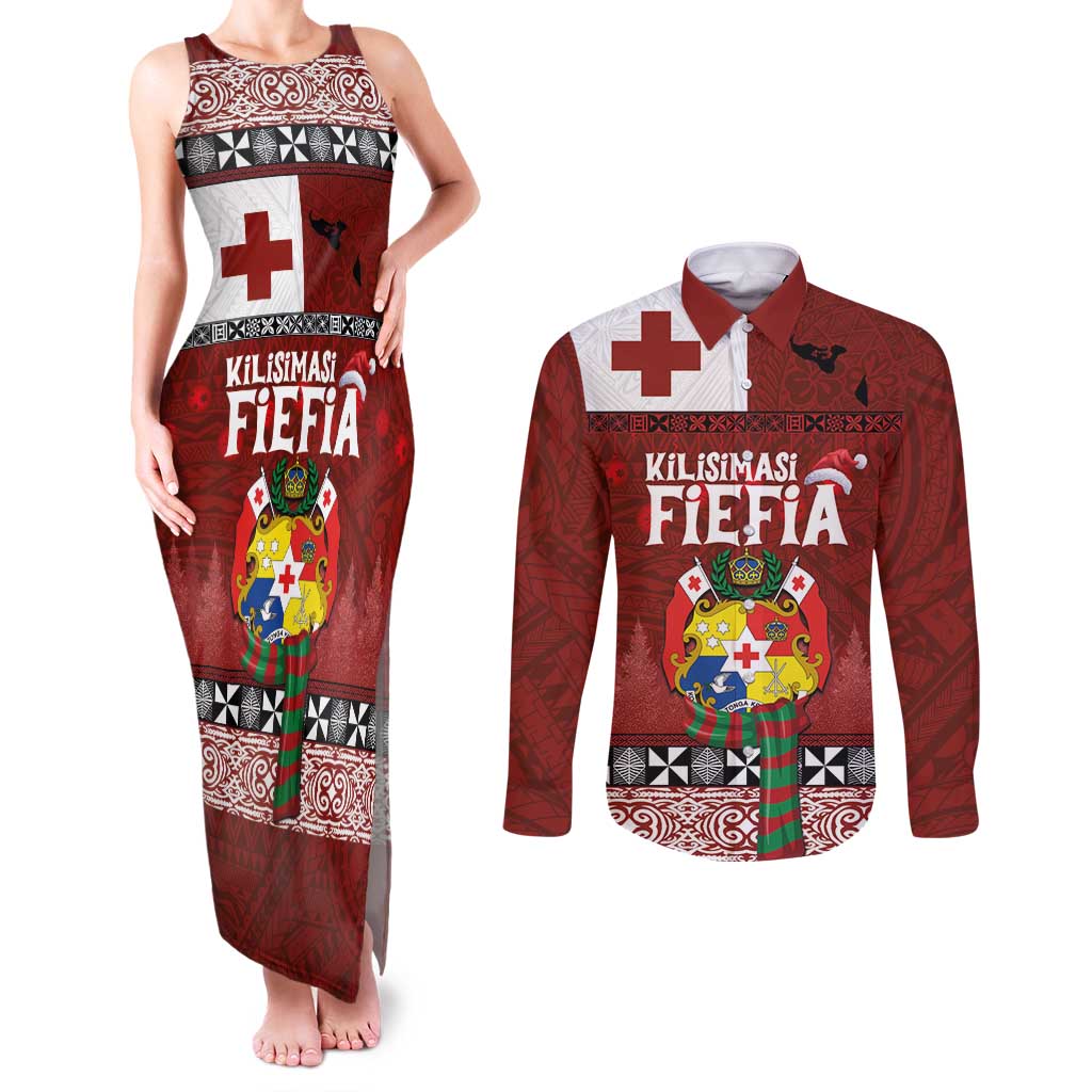 Tongan Christmas Couples Matching Tank Maxi Dress and Long Sleeve Button Shirt Kilisimasi Fiefia with Ngatu Art Tattoo LT03 Red - Polynesian Pride