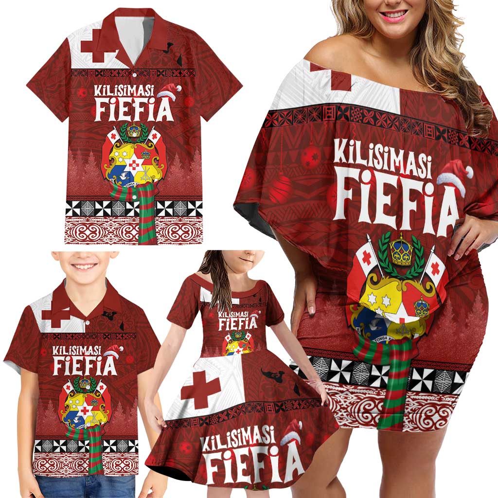 Tongan Christmas Family Matching Off Shoulder Short Dress and Hawaiian Shirt Kilisimasi Fiefia with Ngatu Art Tattoo LT03 - Polynesian Pride