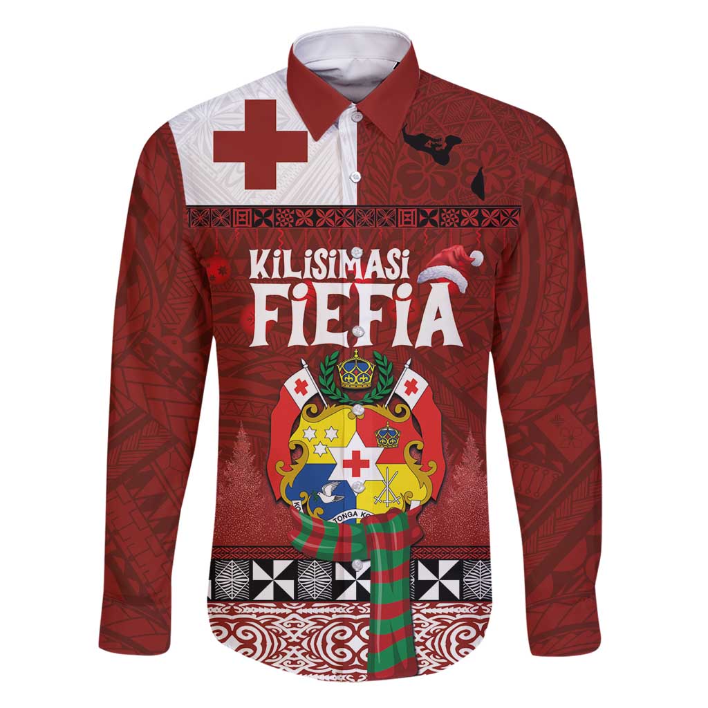 Tongan Christmas Family Matching Off Shoulder Short Dress and Hawaiian Shirt Kilisimasi Fiefia with Ngatu Art Tattoo LT03 Dad's Shirt - Long Sleeve Red - Polynesian Pride