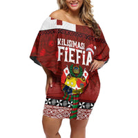 Tongan Christmas Family Matching Off Shoulder Short Dress and Hawaiian Shirt Kilisimasi Fiefia with Ngatu Art Tattoo LT03 Mom's Dress Red - Polynesian Pride