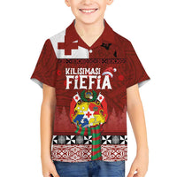 Tongan Christmas Family Matching Short Sleeve Bodycon Dress and Hawaiian Shirt Kilisimasi Fiefia with Ngatu Art Tattoo LT03 Son's Shirt Red - Polynesian Pride