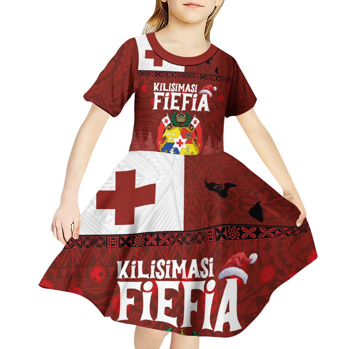 Tongan Christmas Kid Short Sleeve Dress Kilisimasi Fiefia with Ngatu Art Tattoo LT03 - Polynesian Pride