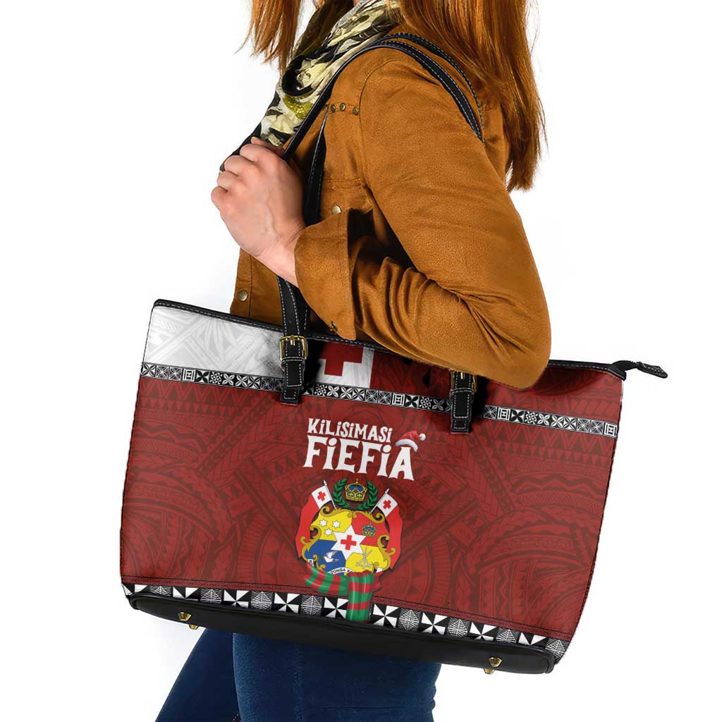 Tongan Christmas Leather Tote Bag Kilisimasi Fiefia with Ngatu Art Tattoo LT03 Red - Polynesian Pride