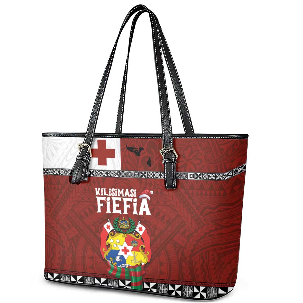Tongan Christmas Leather Tote Bag Kilisimasi Fiefia with Ngatu Art Tattoo LT03 - Polynesian Pride