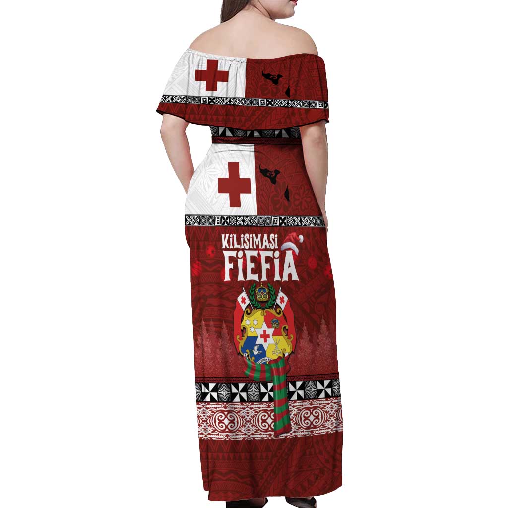 Tongan Christmas Off Shoulder Maxi Dress Kilisimasi Fiefia with Ngatu Art Tattoo LT03 - Polynesian Pride