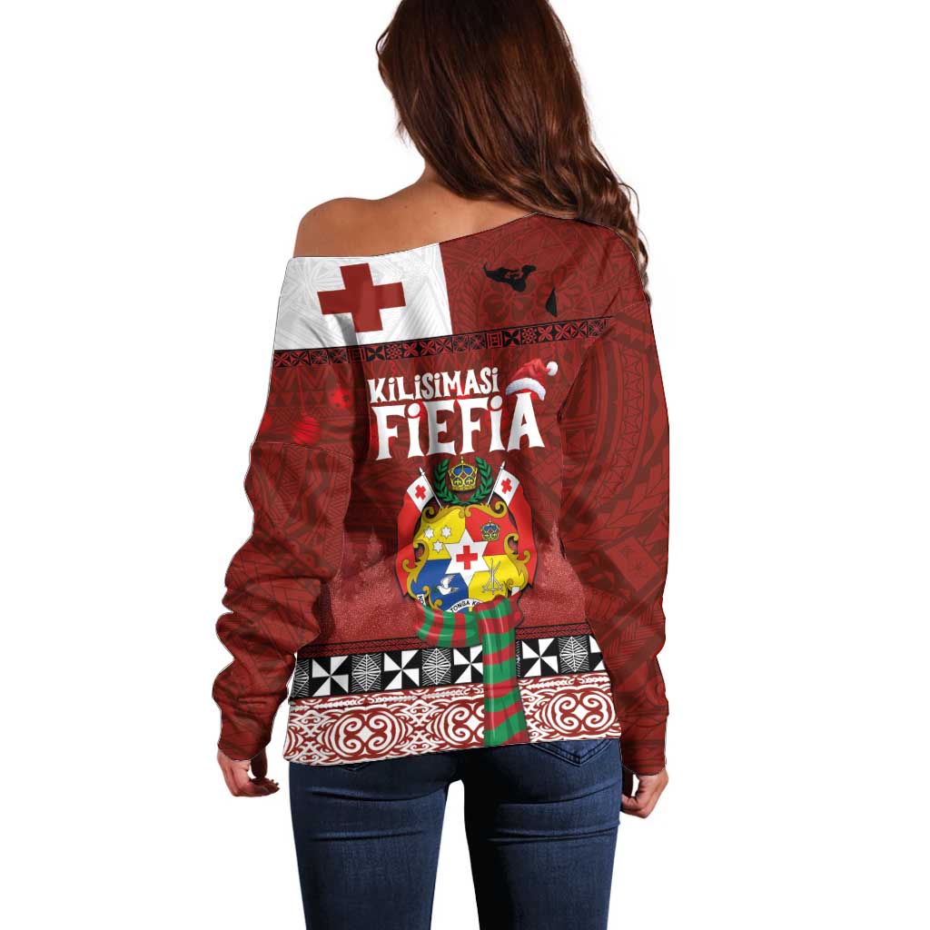 Tongan Christmas Off Shoulder Sweater Kilisimasi Fiefia with Ngatu Art Tattoo LT03 - Polynesian Pride