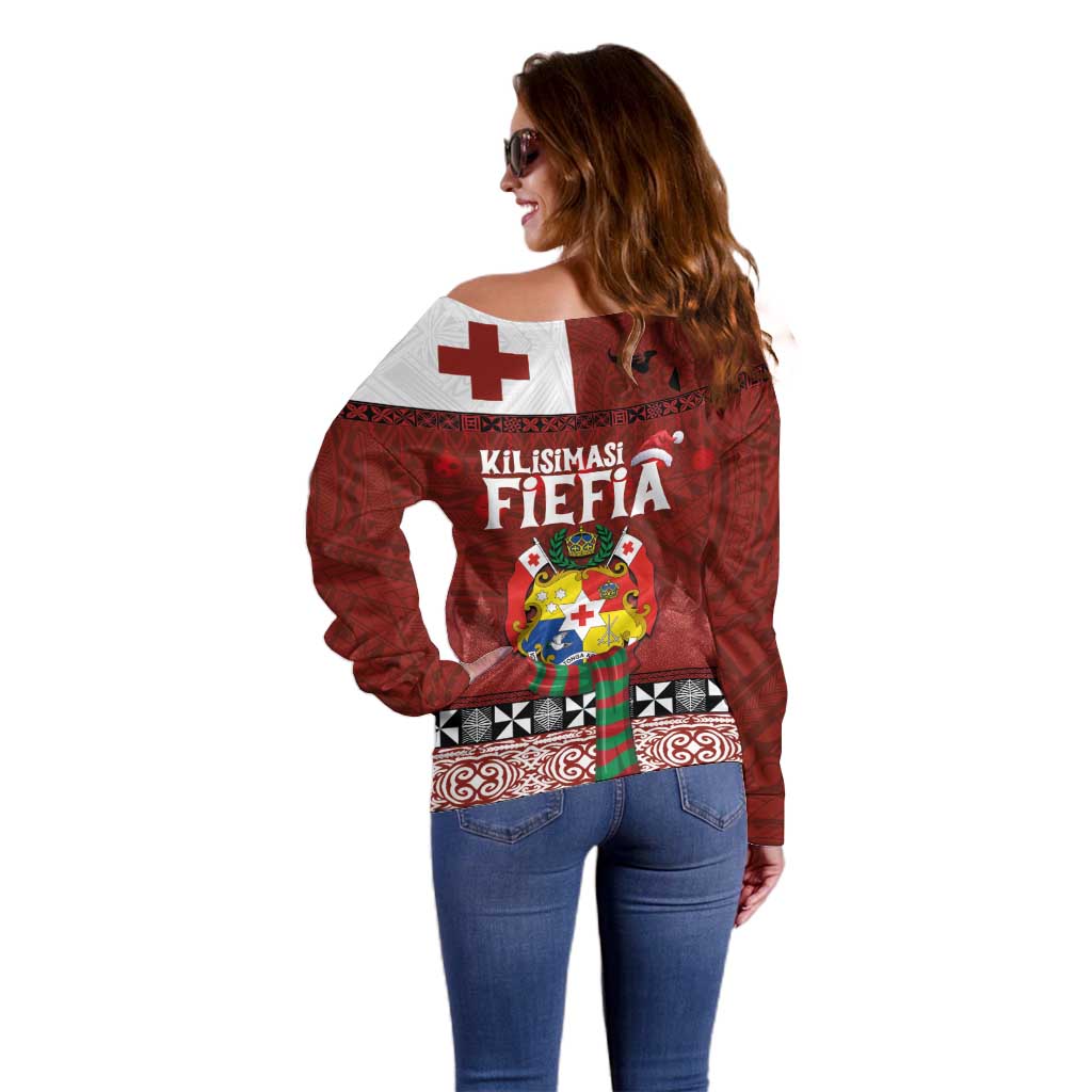 Tongan Christmas Off Shoulder Sweater Kilisimasi Fiefia with Ngatu Art Tattoo LT03 - Polynesian Pride