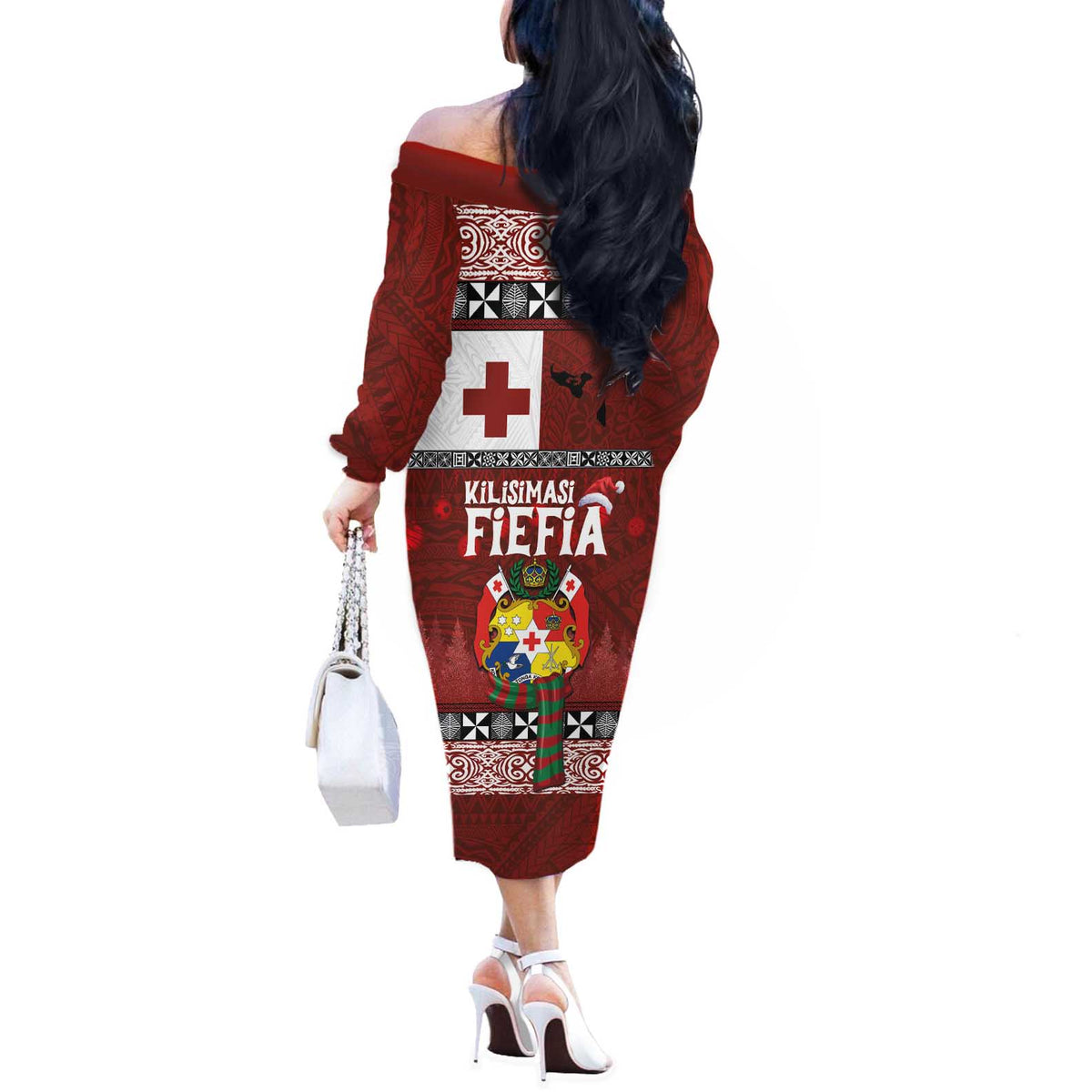 Tongan Christmas Off The Shoulder Long Sleeve Dress Kilisimasi Fiefia with Ngatu Art Tattoo LT03 - Polynesian Pride