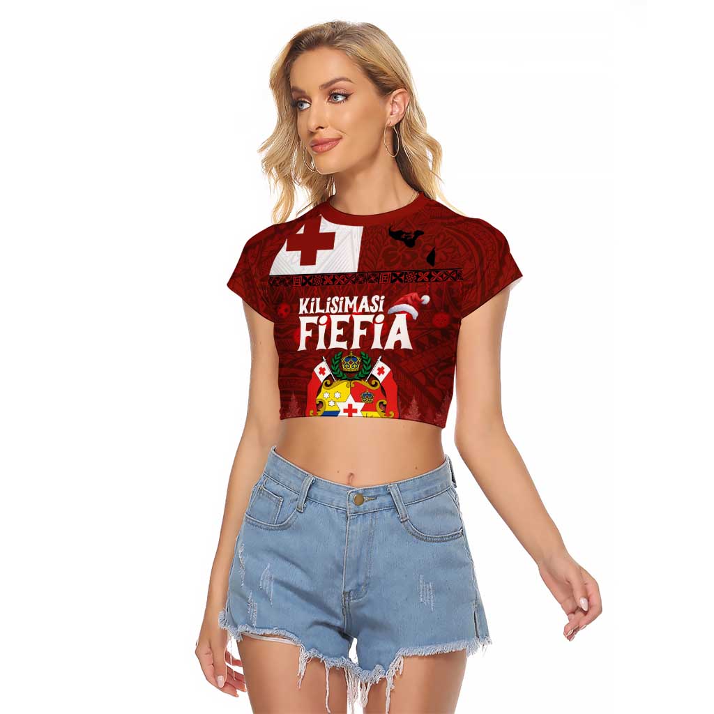 Tongan Christmas Raglan Cropped T Shirt Kilisimasi Fiefia with Ngatu Art Tattoo LT03 Female Red - Polynesian Pride