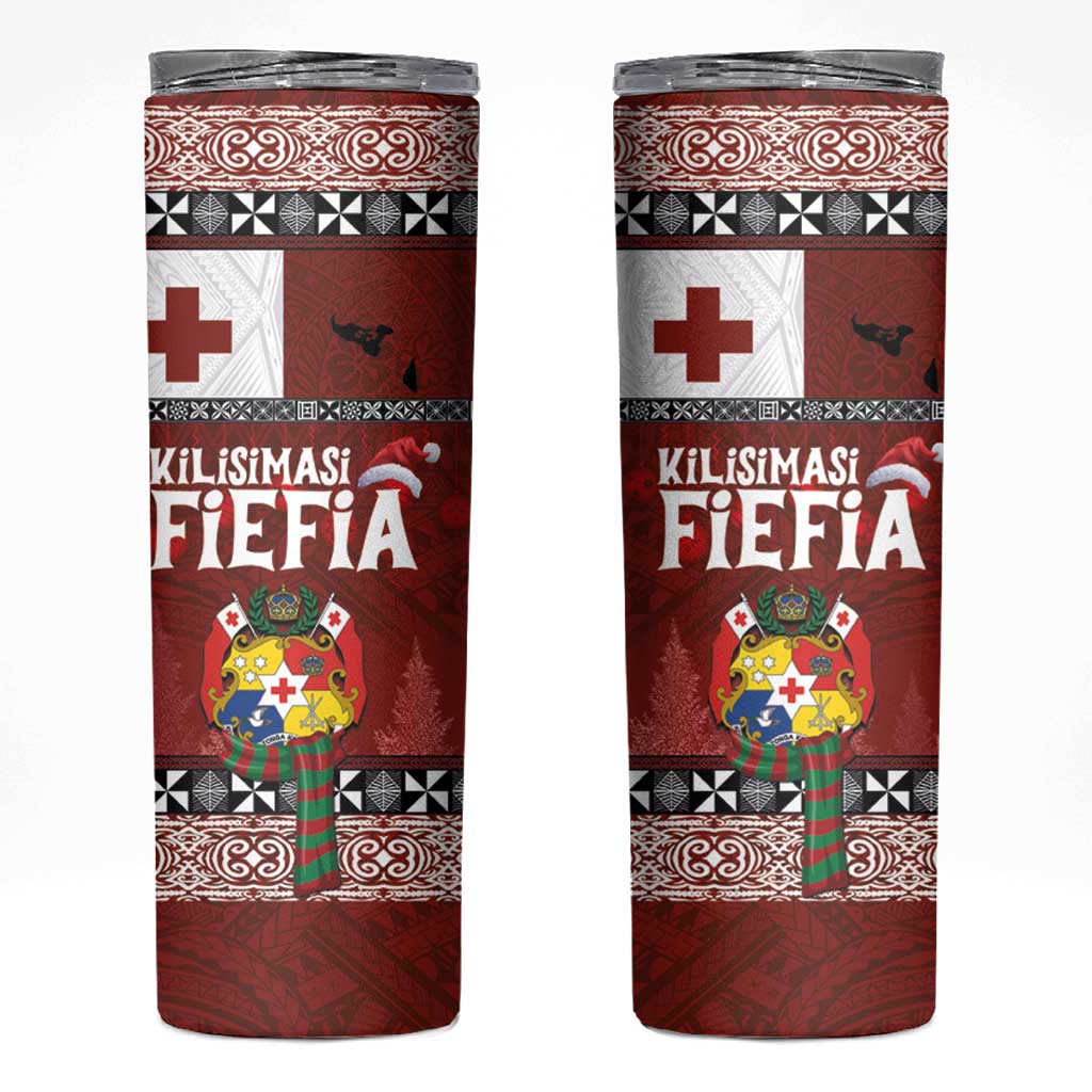 Tongan Christmas Skinny Tumbler Kilisimasi Fiefia with Ngatu Art Tattoo LT03 Red - Polynesian Pride