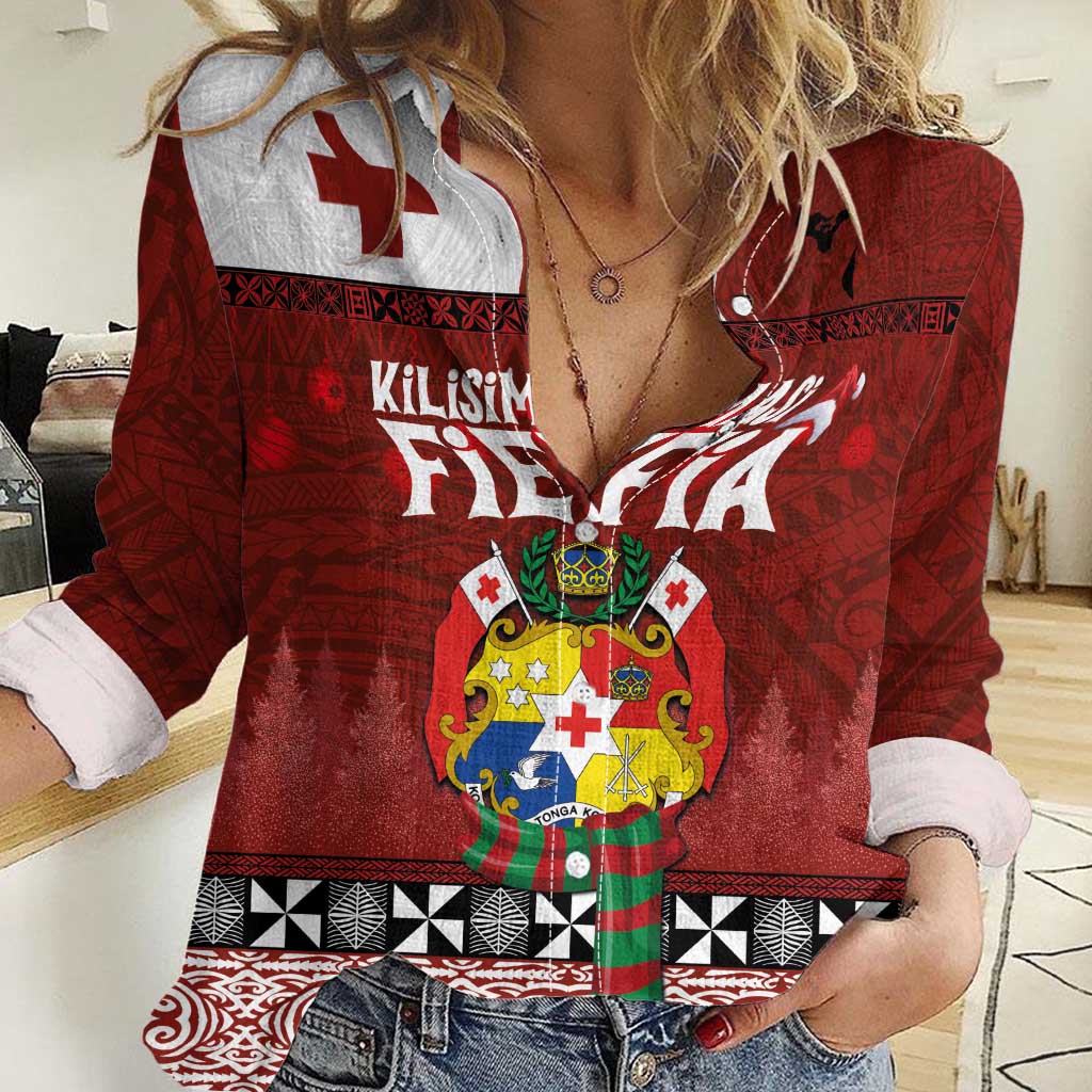 Tongan Christmas Women Casual Shirt Kilisimasi Fiefia with Ngatu Art Tattoo LT03 Female Red - Polynesian Pride