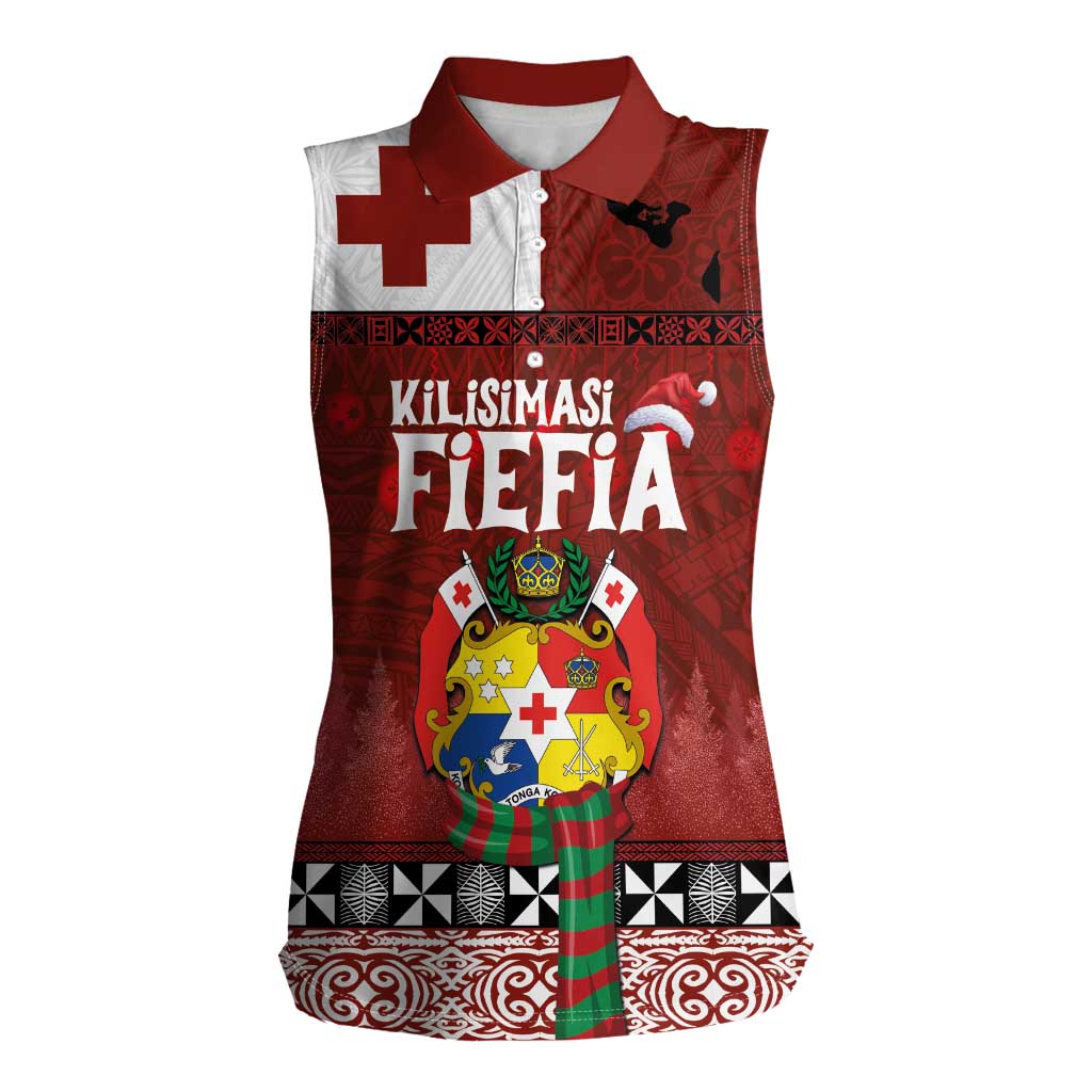 Tongan Christmas Women Sleeveless Polo Shirt Kilisimasi Fiefia with Ngatu Art Tattoo LT03 Female Red - Polynesian Pride