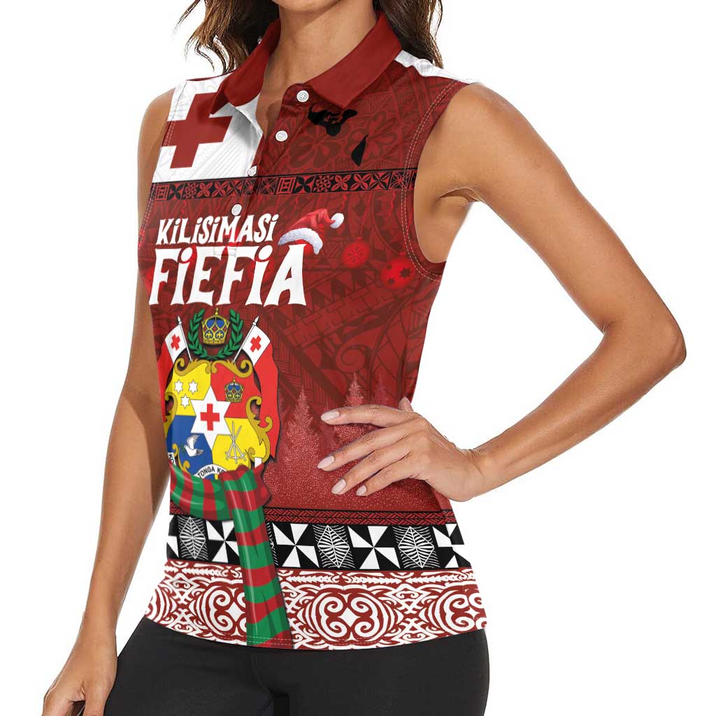 Tongan Christmas Women Sleeveless Polo Shirt Kilisimasi Fiefia with Ngatu Art Tattoo LT03 - Polynesian Pride