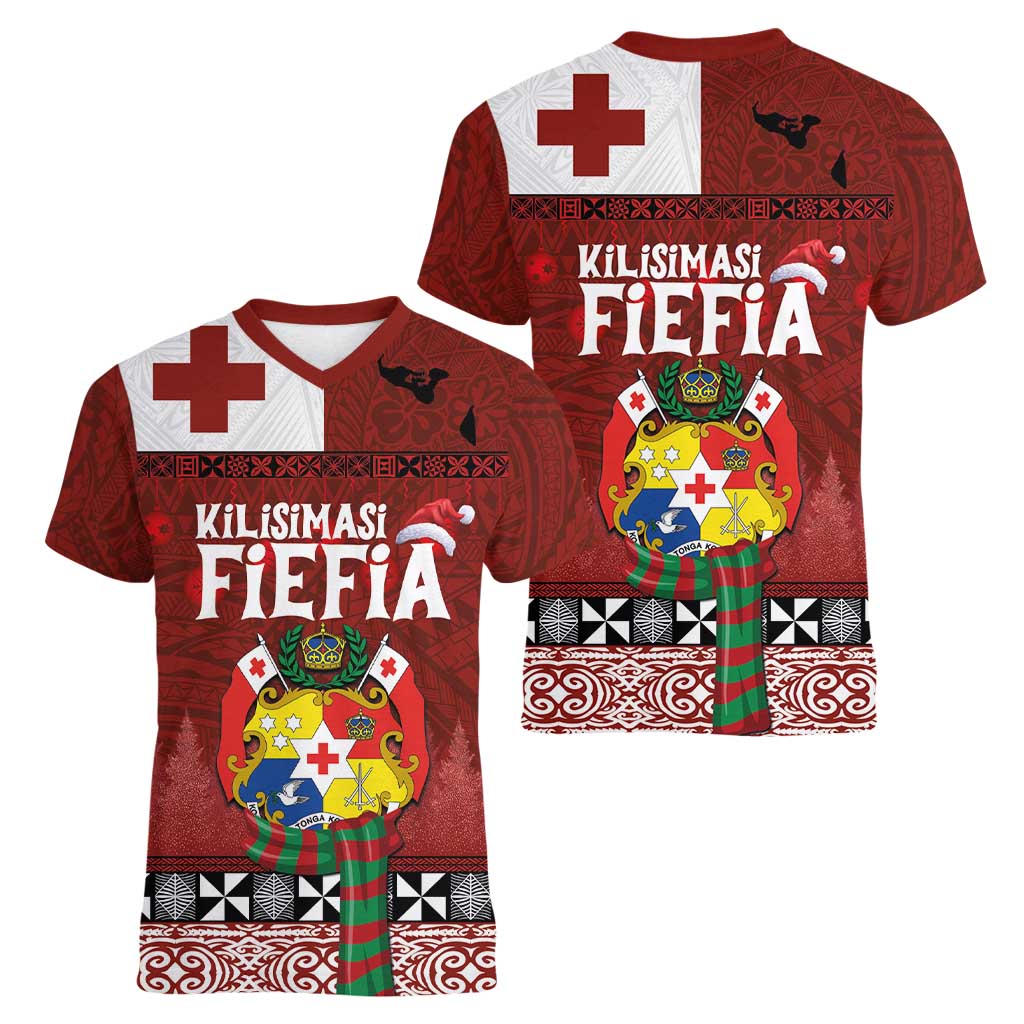 Tongan Christmas Women V-Neck T-Shirt Kilisimasi Fiefia with Ngatu Art Tattoo LT03 - Polynesian Pride