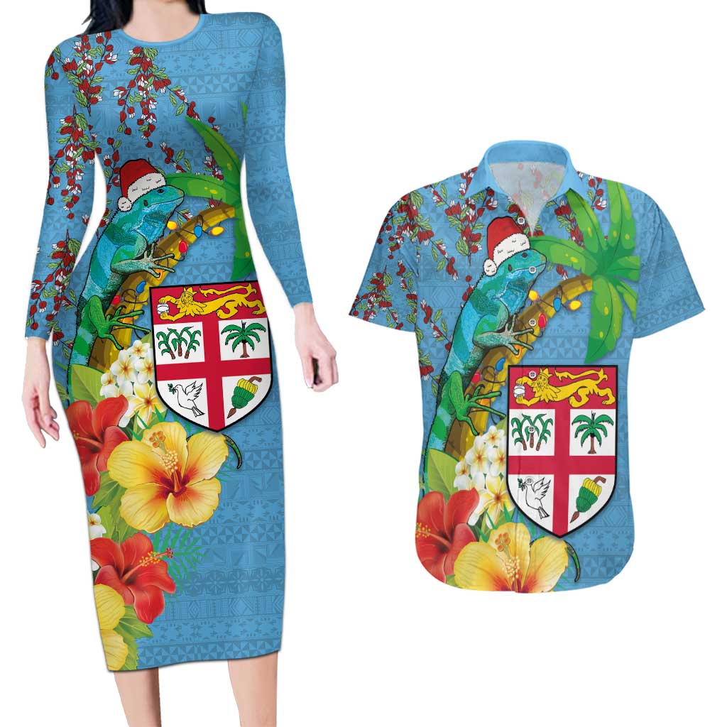 Fijians Iguana Tagimoucia Christmas Couples Matching Long Sleeve Bodycon Dress and Hawaiian Shirt Christmas Palm Tree and Hibiscus LT03 Blue - Polynesian Pride