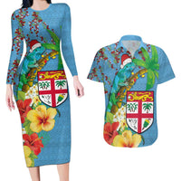 Fijians Iguana Tagimoucia Christmas Couples Matching Long Sleeve Bodycon Dress and Hawaiian Shirt Christmas Palm Tree and Hibiscus LT03 Blue - Polynesian Pride