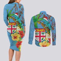 Fijians Iguana Tagimoucia Christmas Couples Matching Long Sleeve Bodycon Dress and Long Sleeve Button Shirt Christmas Palm Tree and Hibiscus LT03 - Polynesian Pride