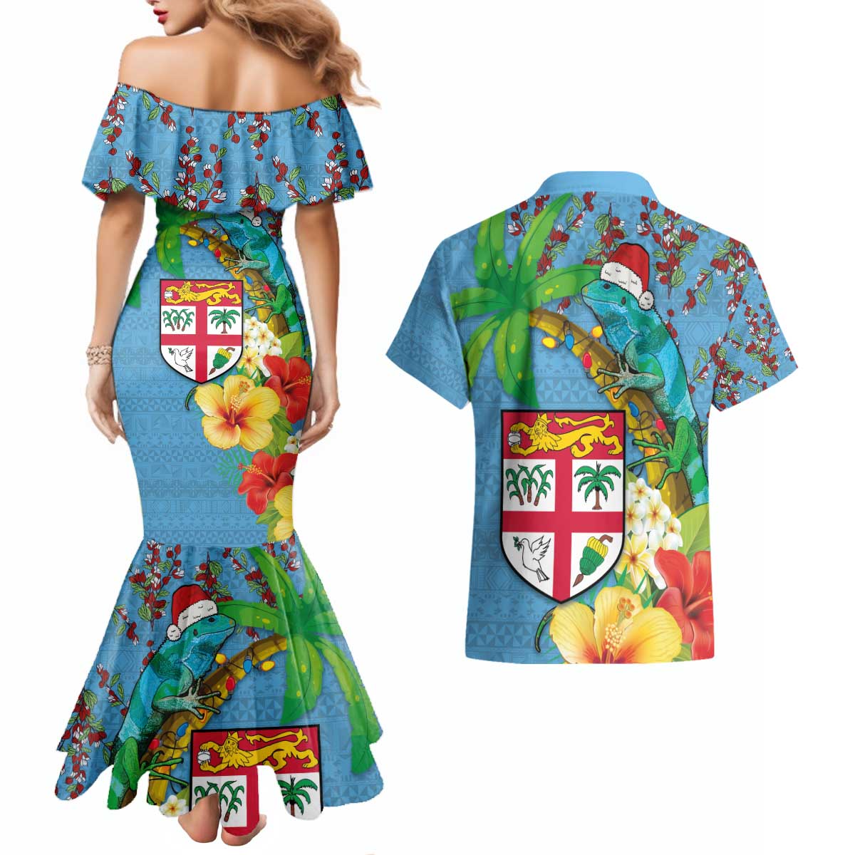 Fijians Iguana Tagimoucia Christmas Couples Matching Mermaid Dress and Hawaiian Shirt Christmas Palm Tree and Hibiscus LT03 - Polynesian Pride