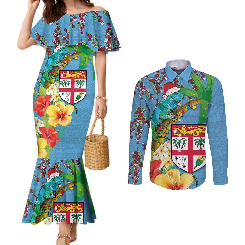 Fijians Iguana Tagimoucia Christmas Couples Matching Mermaid Dress and Long Sleeve Button Shirt Christmas Palm Tree and Hibiscus LT03 Blue - Polynesian Pride
