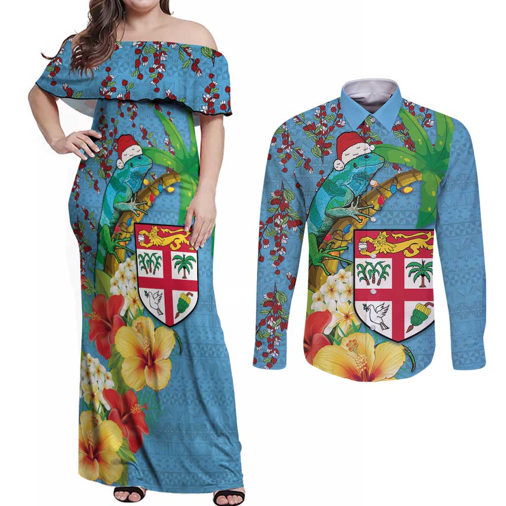 Fijians Iguana Tagimoucia Christmas Couples Matching Off Shoulder Maxi Dress and Long Sleeve Button Shirt Christmas Palm Tree and Hibiscus LT03 Blue - Polynesian Pride
