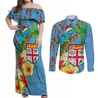 Fijians Iguana Tagimoucia Christmas Couples Matching Off Shoulder Maxi Dress and Long Sleeve Button Shirt Christmas Palm Tree and Hibiscus LT03 Blue - Polynesian Pride