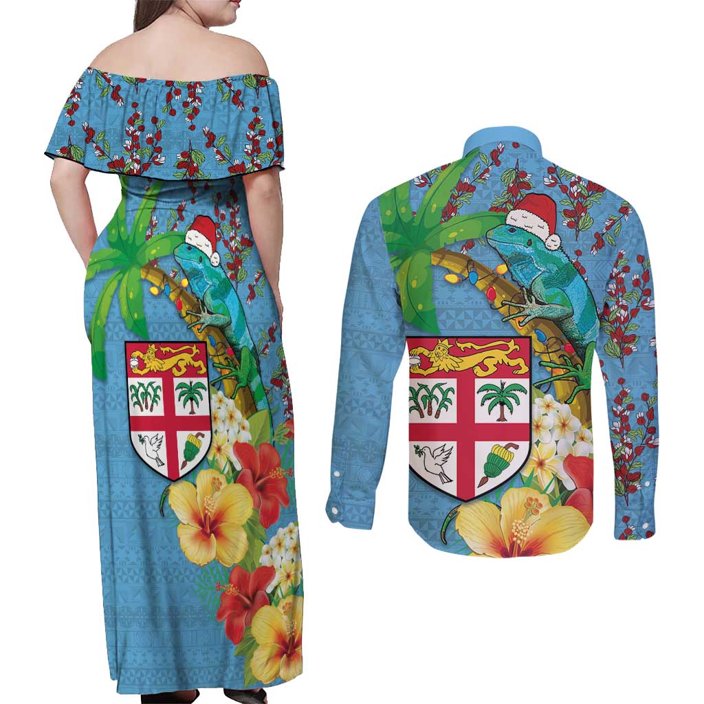 Fijians Iguana Tagimoucia Christmas Couples Matching Off Shoulder Maxi Dress and Long Sleeve Button Shirt Christmas Palm Tree and Hibiscus LT03 - Polynesian Pride