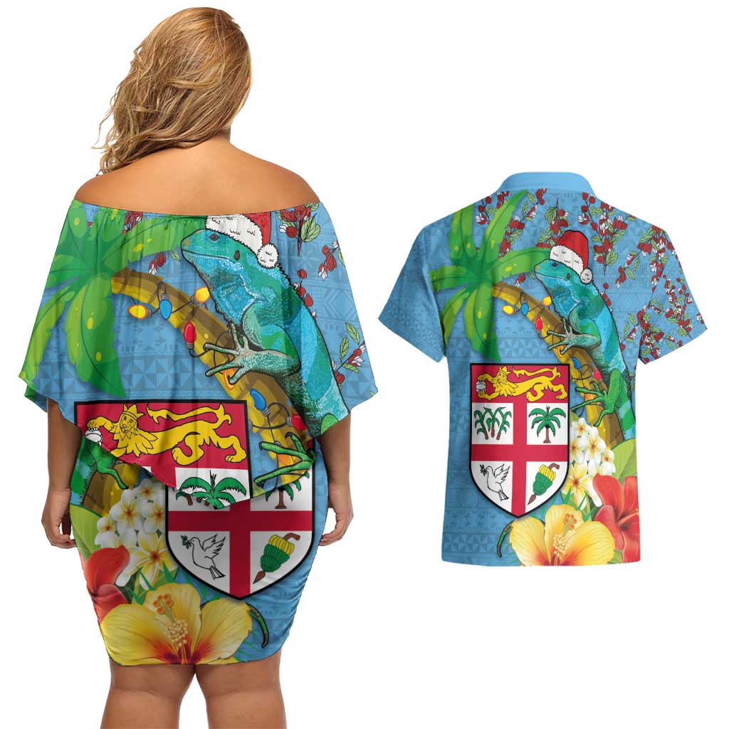 Fijians Iguana Tagimoucia Christmas Couples Matching Off Shoulder Short Dress and Hawaiian Shirt Christmas Palm Tree and Hibiscus LT03 - Polynesian Pride
