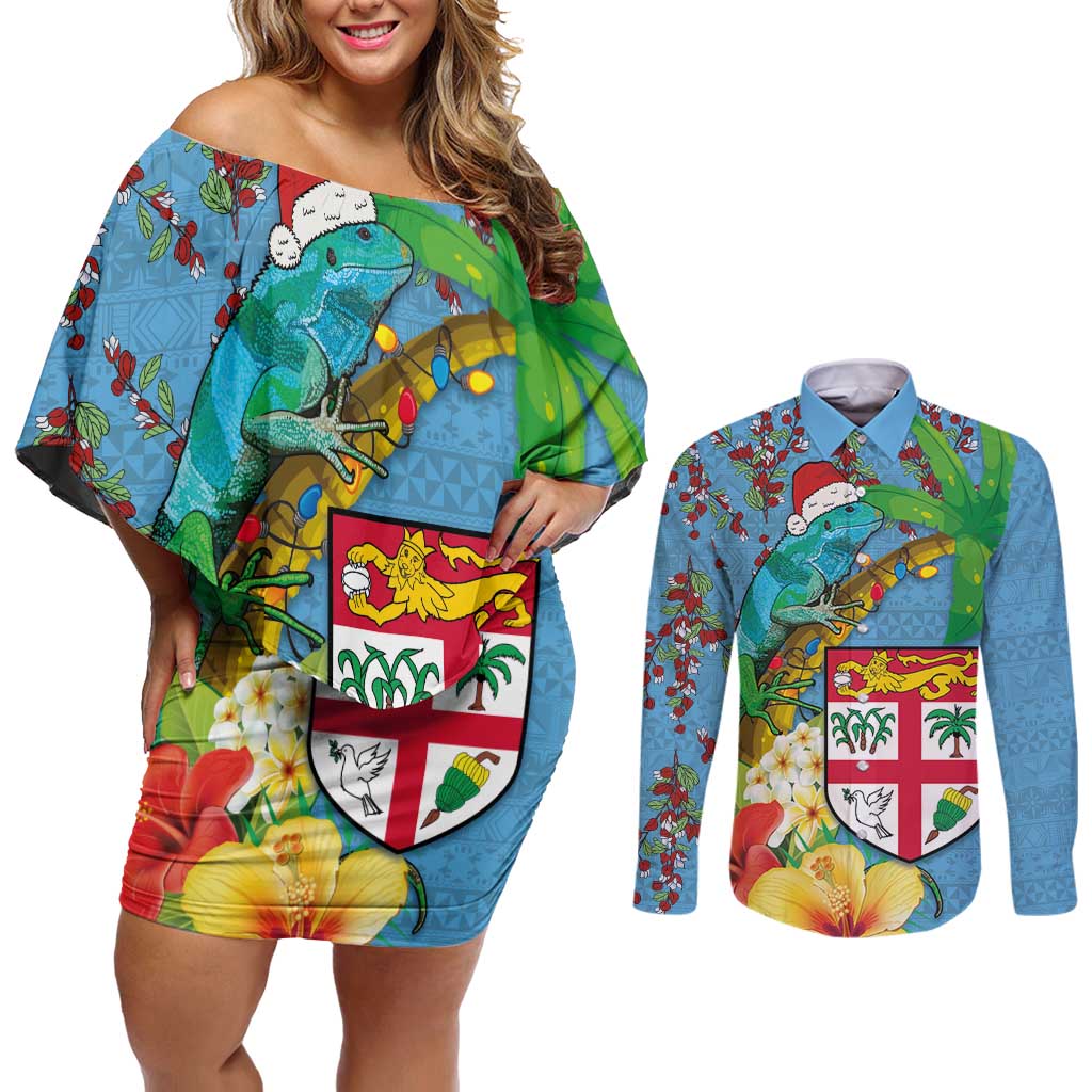 Fijians Iguana Tagimoucia Christmas Couples Matching Off Shoulder Short Dress and Long Sleeve Button Shirt Christmas Palm Tree and Hibiscus LT03 Blue - Polynesian Pride