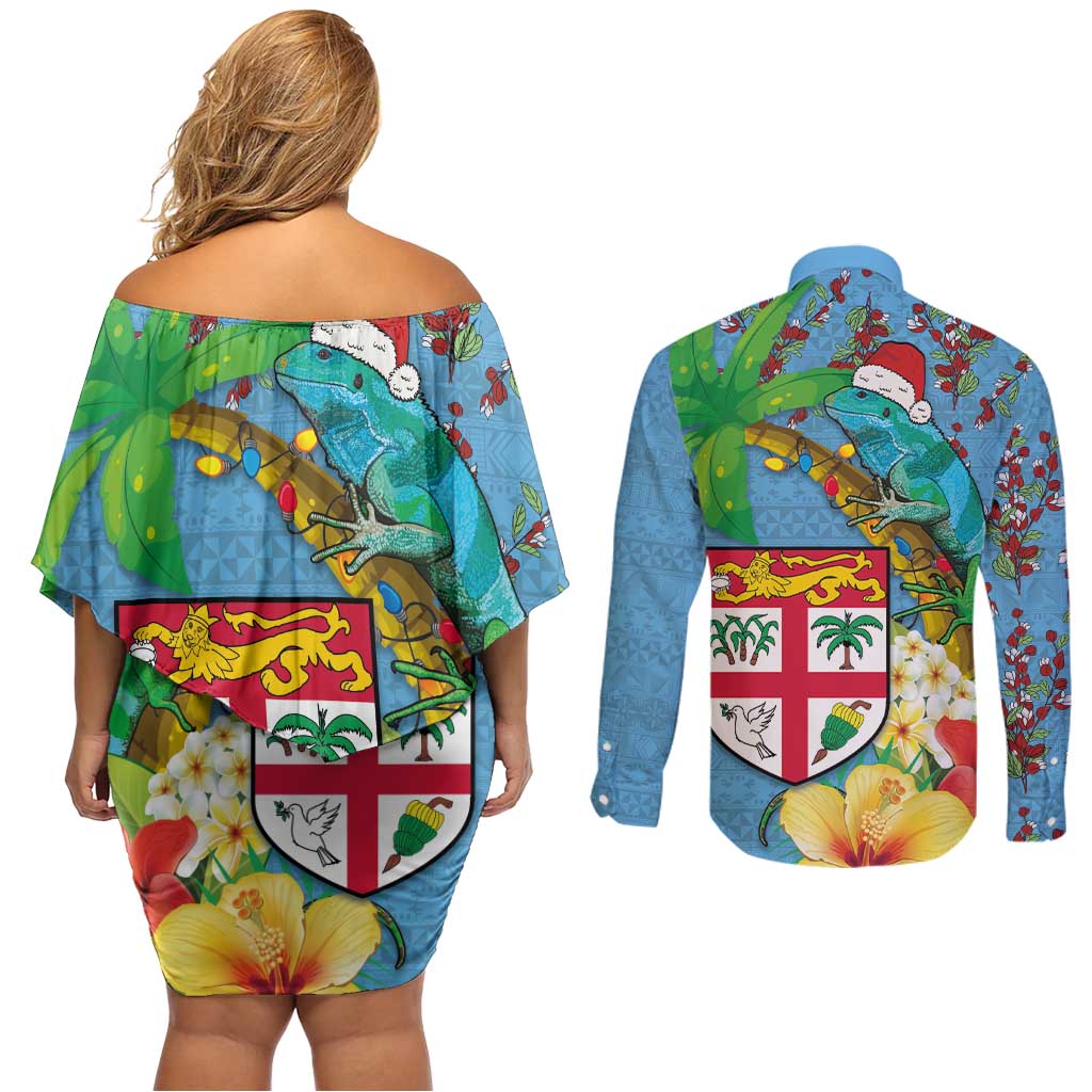 Fijians Iguana Tagimoucia Christmas Couples Matching Off Shoulder Short Dress and Long Sleeve Button Shirt Christmas Palm Tree and Hibiscus LT03 - Polynesian Pride