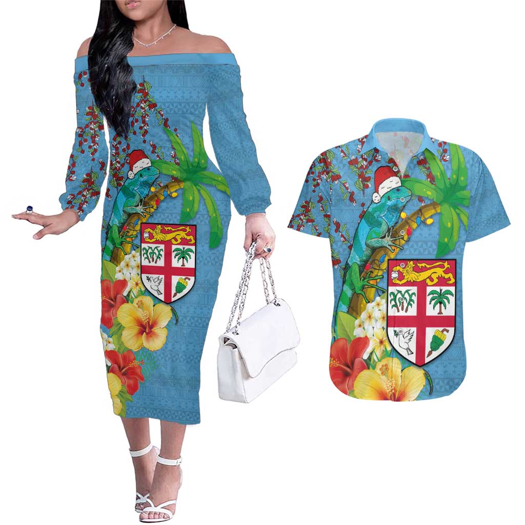 Fijians Iguana Tagimoucia Christmas Couples Matching Off The Shoulder Long Sleeve Dress and Hawaiian Shirt Christmas Palm Tree and Hibiscus LT03 Blue - Polynesian Pride