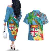 Fijians Iguana Tagimoucia Christmas Couples Matching Off The Shoulder Long Sleeve Dress and Hawaiian Shirt Christmas Palm Tree and Hibiscus LT03 - Polynesian Pride