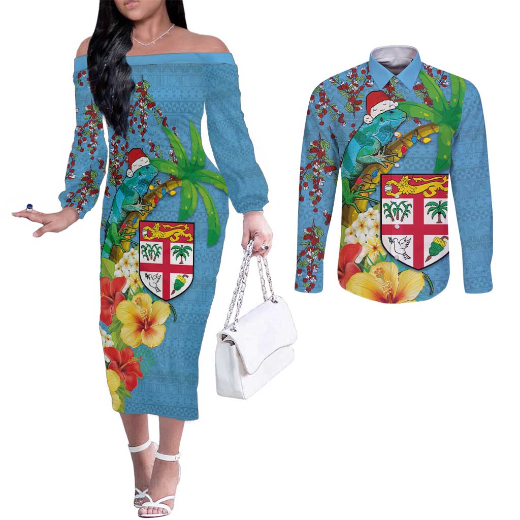 Fijians Iguana Tagimoucia Christmas Couples Matching Off The Shoulder Long Sleeve Dress and Long Sleeve Button Shirt Christmas Palm Tree and Hibiscus LT03 Blue - Polynesian Pride