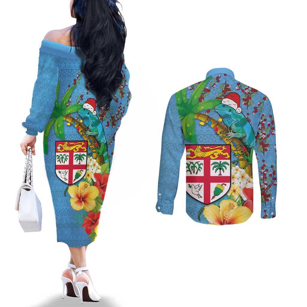 Fijians Iguana Tagimoucia Christmas Couples Matching Off The Shoulder Long Sleeve Dress and Long Sleeve Button Shirt Christmas Palm Tree and Hibiscus LT03 - Polynesian Pride