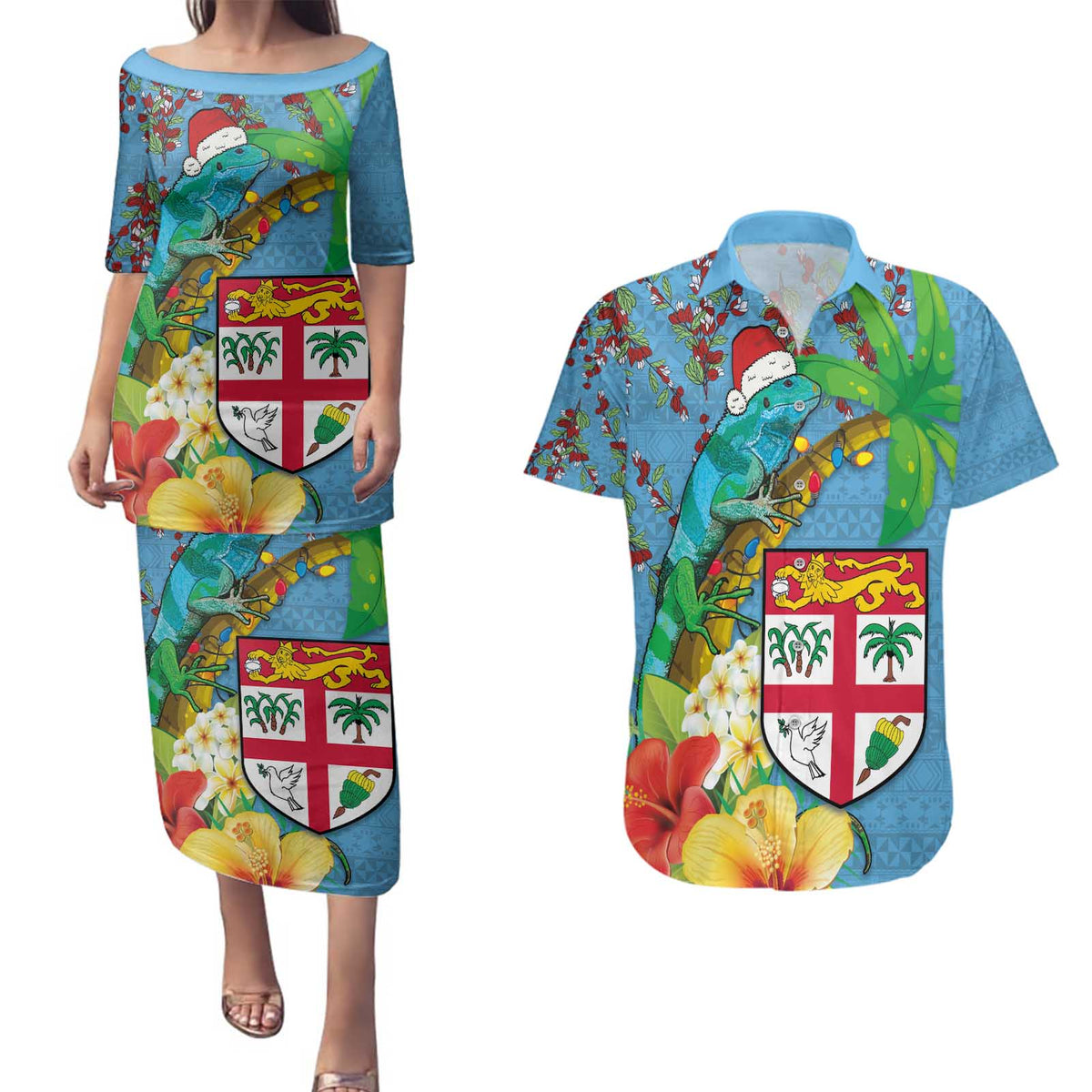 Fijians Iguana Tagimoucia Christmas Couples Matching Puletasi and Hawaiian Shirt Christmas Palm Tree and Hibiscus LT03 Blue - Polynesian Pride